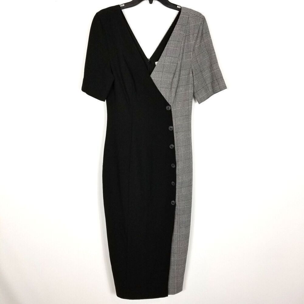 Fame & Partners Women Everly Midi Dress Size US 6 Black Plaid Woven Short Sleeve